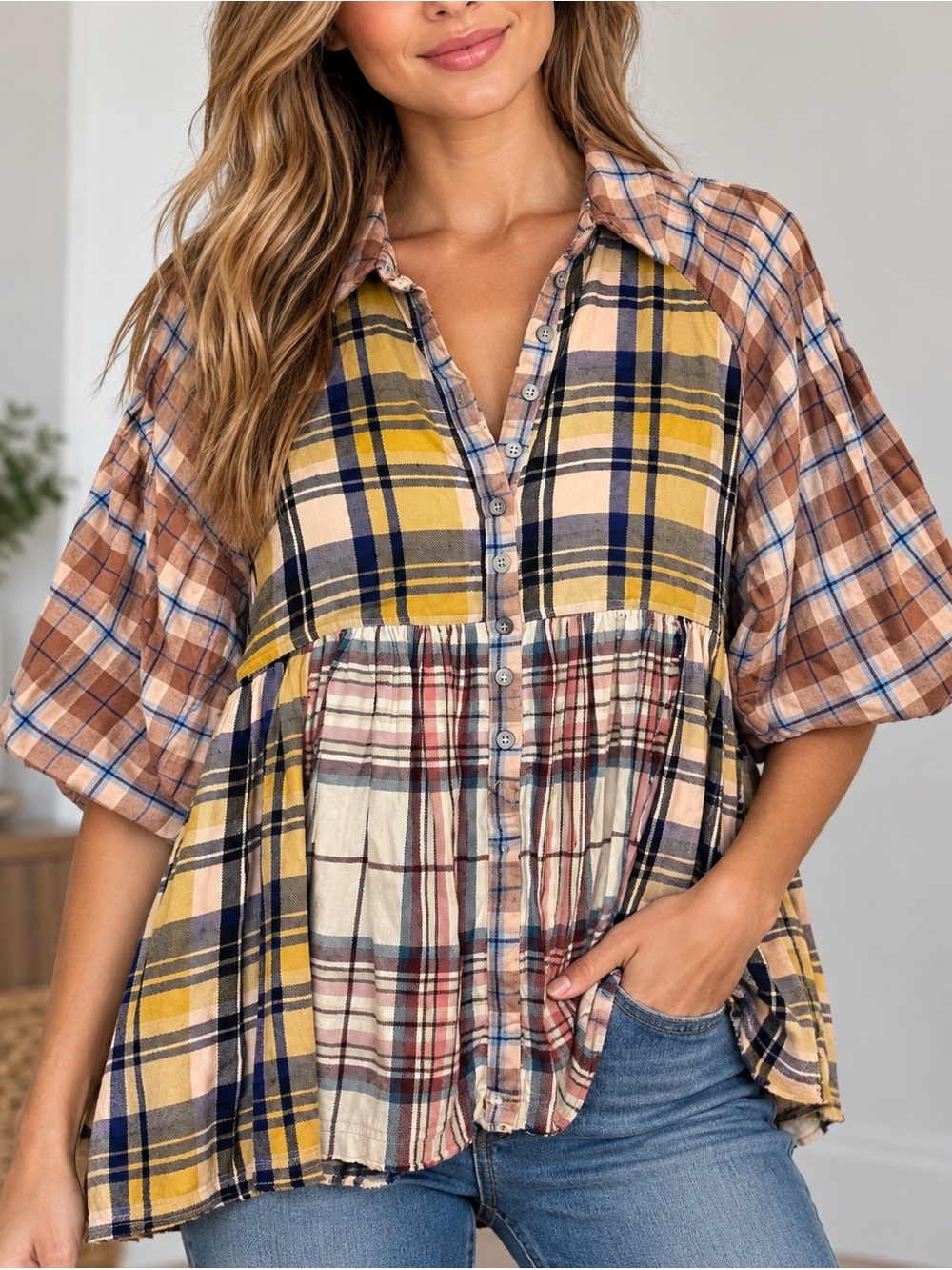 Free People We The Free Patchwork Plaid Babydoll Button Down Top XS